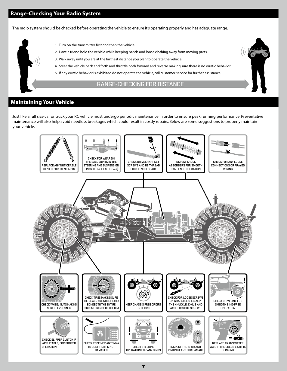 Range-checking for distance, Maintaining your vehicle, Range-checking your radio system | Axial Racing AX90026 User Manual | Page 7 / 28