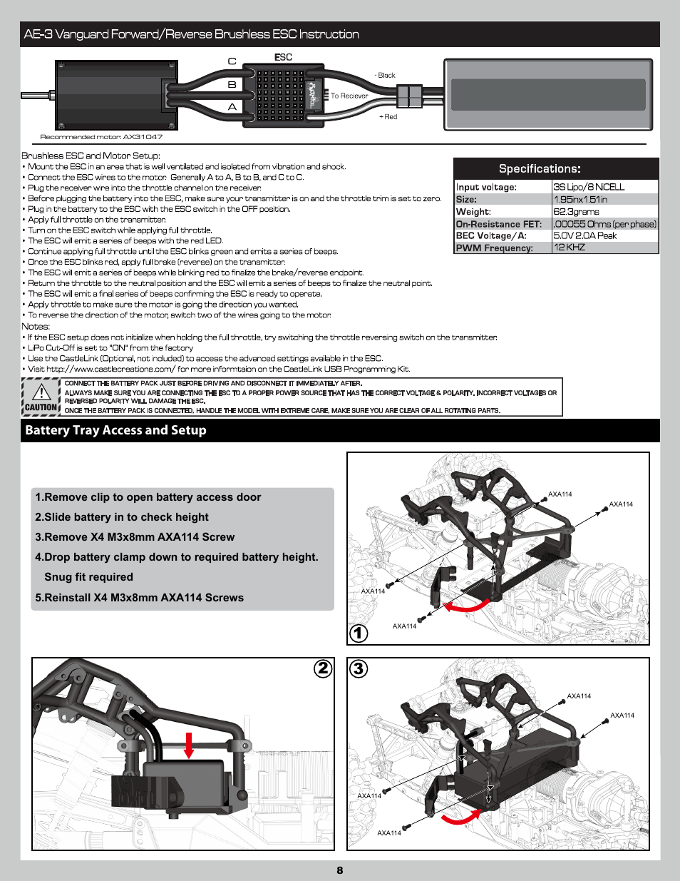 Battery tray access and setup | Axial Racing AX90026 User Manual | Page 8 / 28