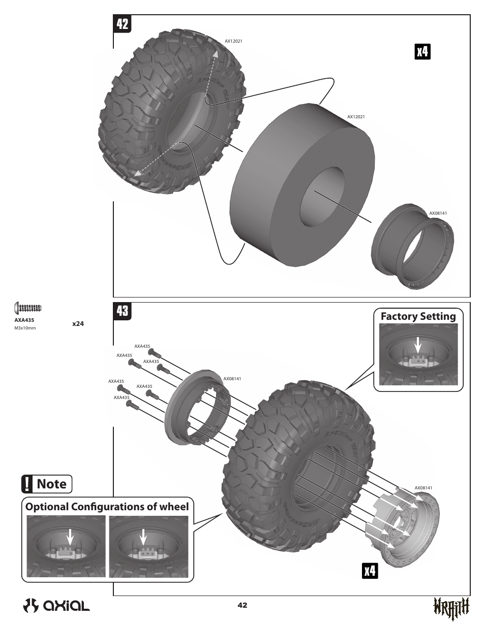 Optional configurations of wheel, Factory setting | Axial Racing AX90031 User Manual | Page 42 / 52