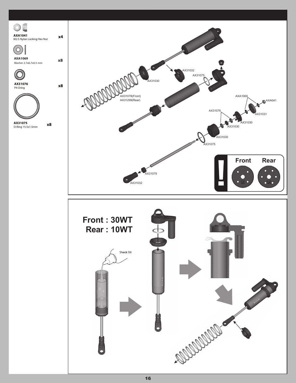 Front : 30wt rear : 10wt, Front rear | Axial Racing AX90032 User Manual | Page 16 / 32