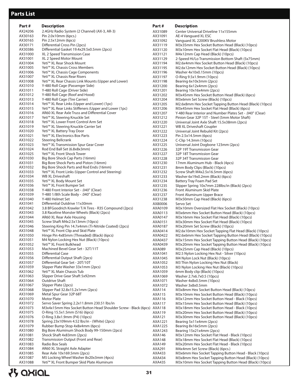 Axial Racing AX90032 User Manual | Page 31 / 32