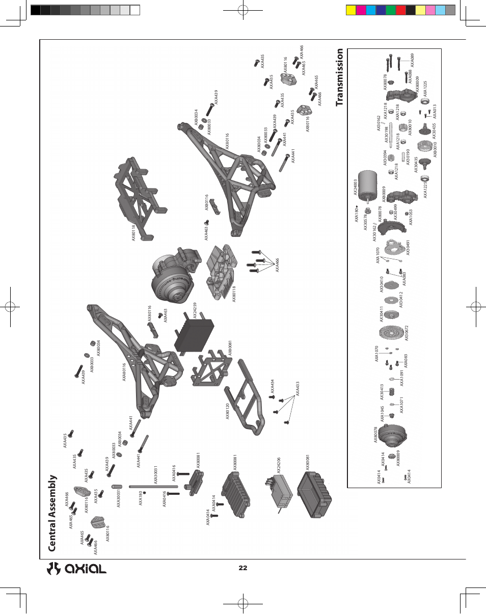 Tr ansmission, Cen tr al a ssembly | Axial Racing AX90033 User Manual | Page 22 / 28