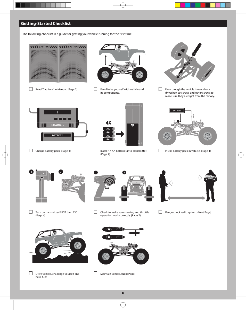 Range-checking for distance, Getting-started checklist, Maintaining your vehicle | Range-checking your radio system | Axial Racing AX90033 User Manual | Page 6 / 28