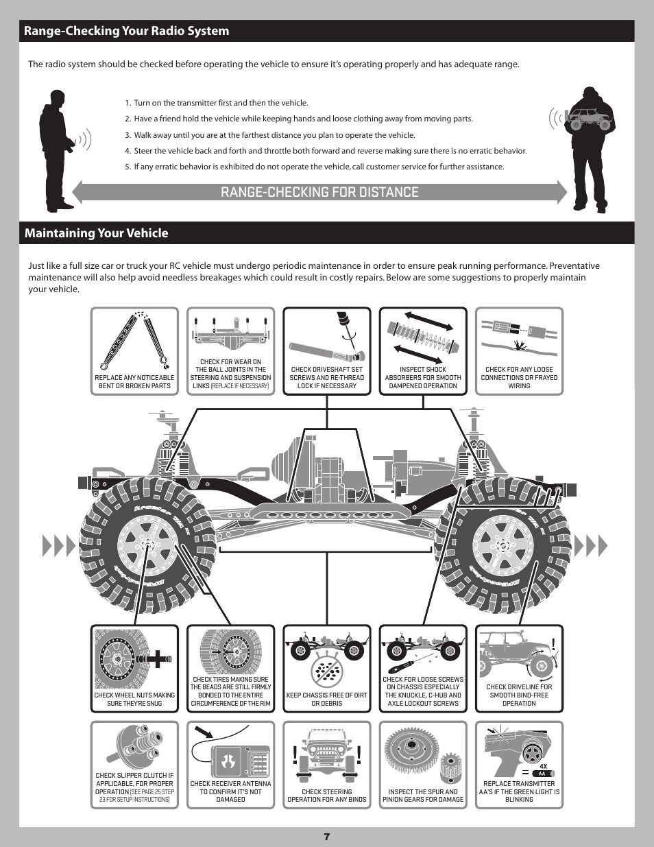 Range-checking for distance, Maintaining your vehicle, Range-checking your radio system | Axial Racing AX90035 User Manual | Page 7 / 28