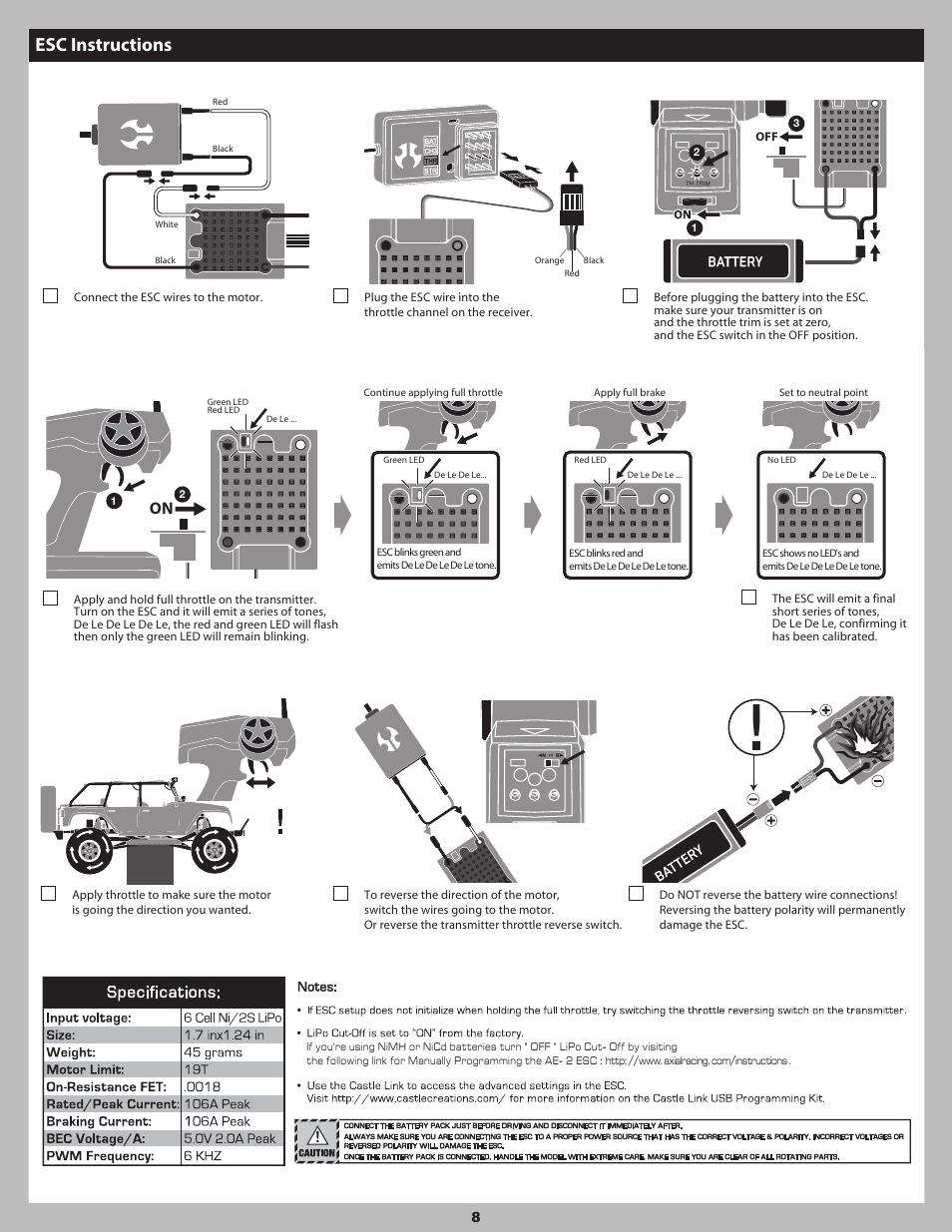 Esc instructions | Axial Racing AX90035 User Manual | Page 8 / 28