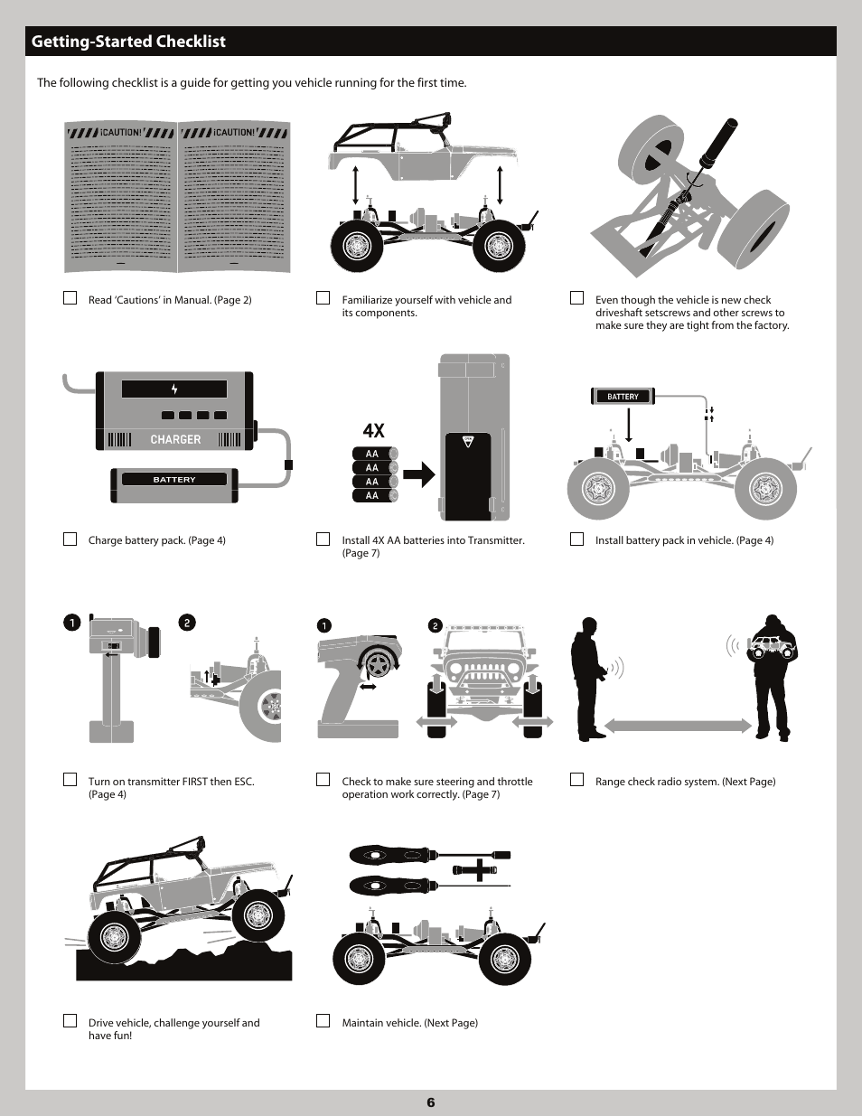Getting-started checklist | Axial Racing AX90036 User Manual | Page 6 / 28