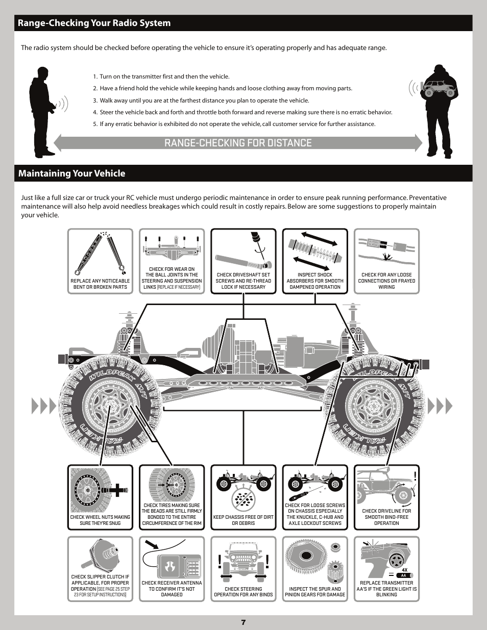 Range-checking for distance, Maintaining your vehicle, Range-checking your radio system | Axial Racing AX90036 User Manual | Page 7 / 28