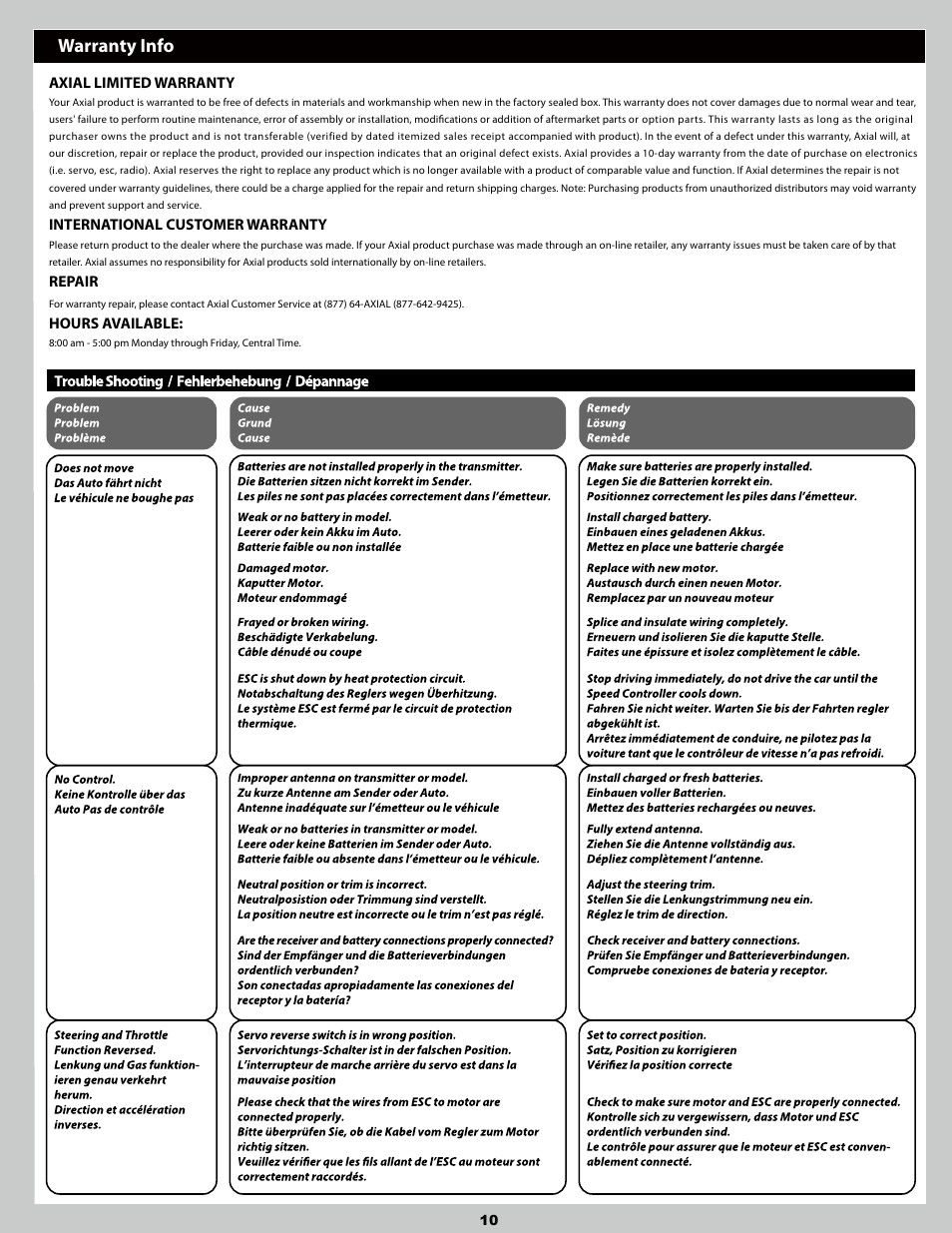 Warranty info | Axial Racing AX90045 User Manual | Page 10 / 24