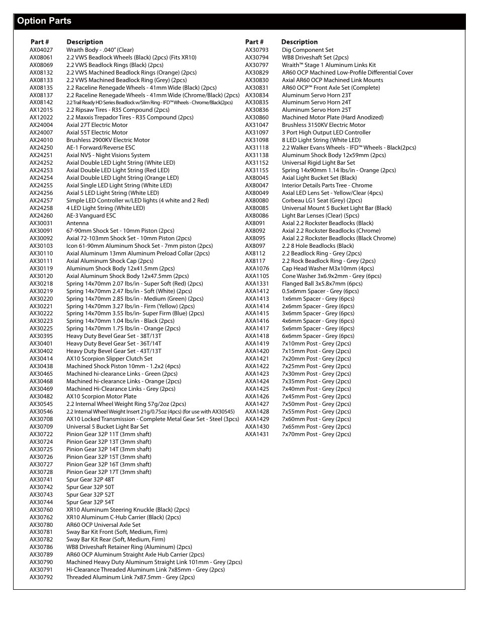 Option parts | Axial Racing AX90045 User Manual | Page 23 / 24