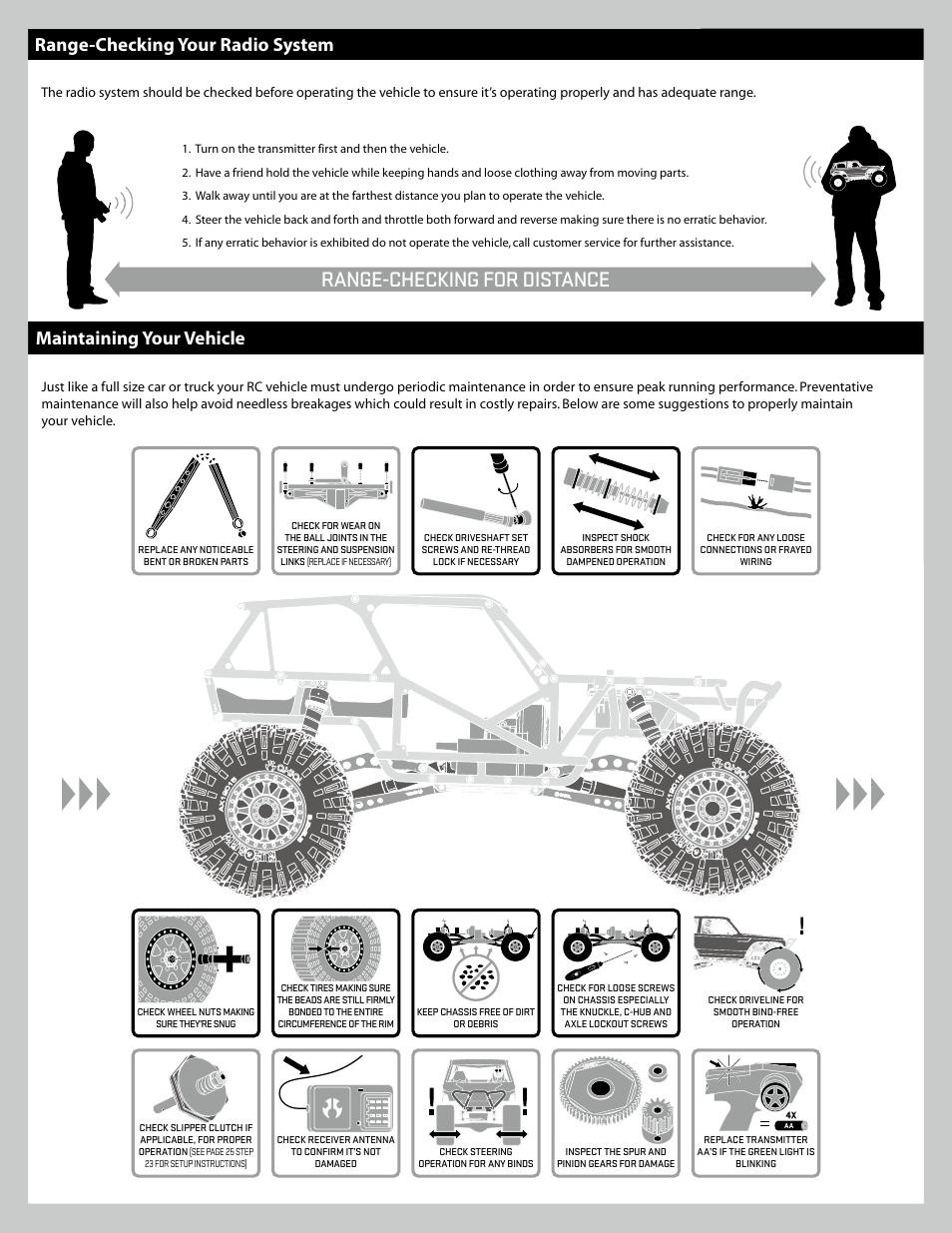 Range-checking for distance, Maintaining your vehicle, Range-checking your radio system | Axial Racing AX90045 User Manual | Page 7 / 24
