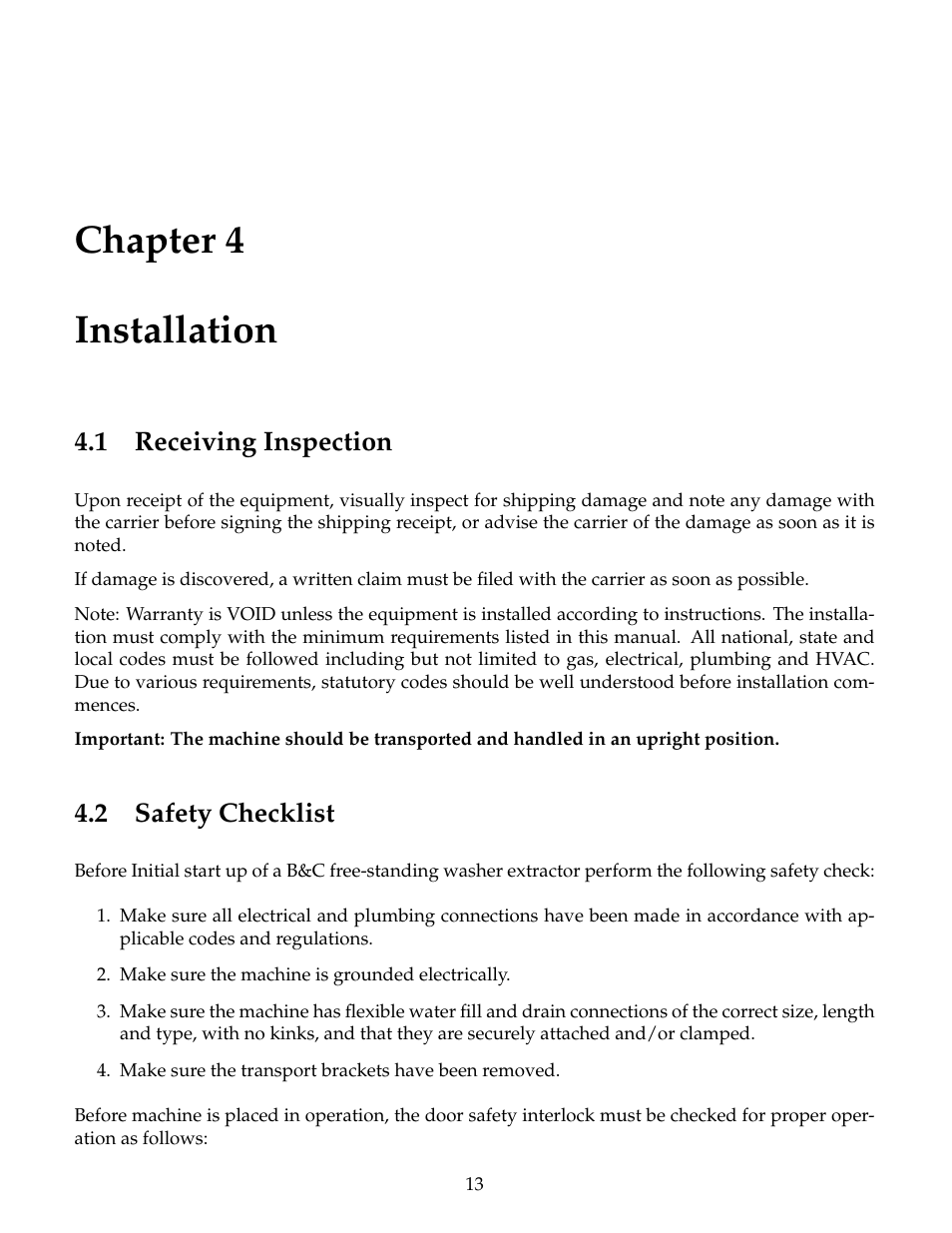 Installation, Receiving inspection, Safety checklist | Chapter 4 installation, 1 receiving inspection, 2 safety checklist | B&C Technologies SP Series Commercial User Manual | Page 17 / 60