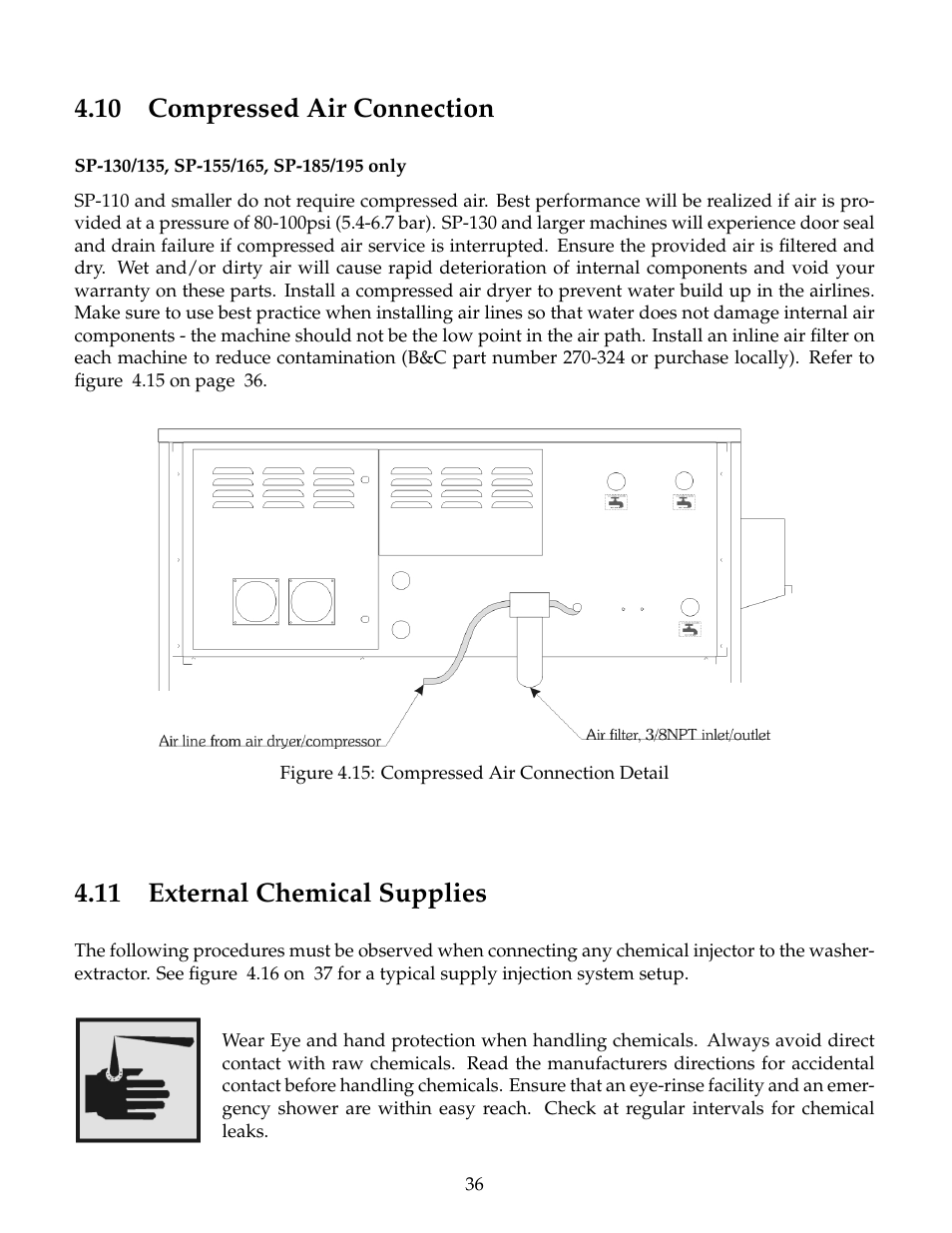 Compressed air connection, External chemical supplies, 10 compressed air connection | 11 external chemical supplies | B&C Technologies SP Series Commercial User Manual | Page 40 / 60