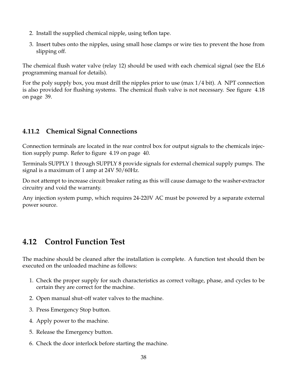 Chemical signal connections, Control function test, 2 chemical signal connections | 12 control function test | B&C Technologies SP Series Commercial User Manual | Page 42 / 60
