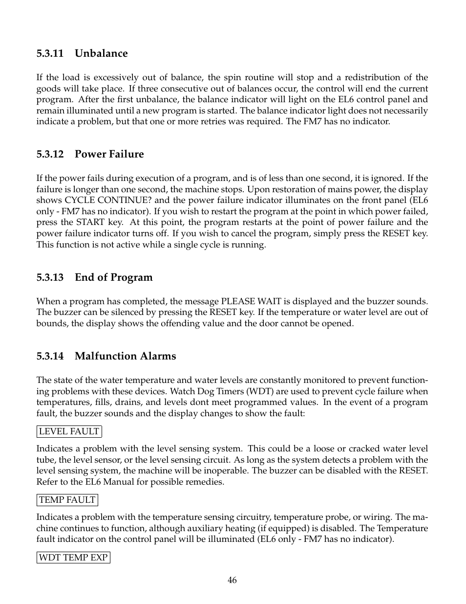 Unbalance, Power failure, End of program | Malfunction alarms, 11 unbalance, 12 power failure, 13 end of program, 14 malfunction alarms | B&C Technologies SP Series Commercial User Manual | Page 50 / 60