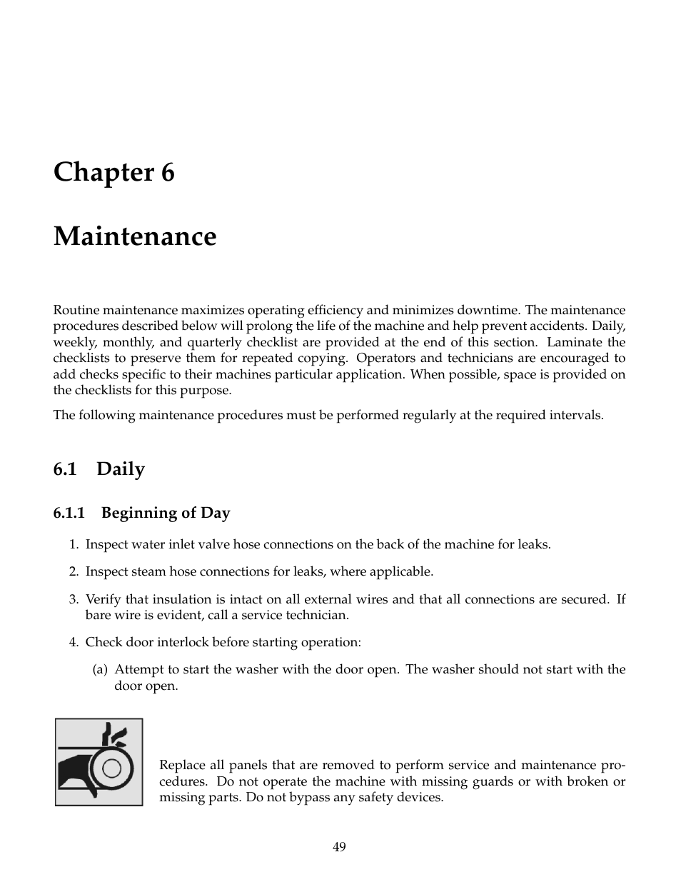 Maintenance, Daily, Beginning of day | Chapter 6 maintenance, 1 daily | B&C Technologies SP Series Commercial User Manual | Page 53 / 60