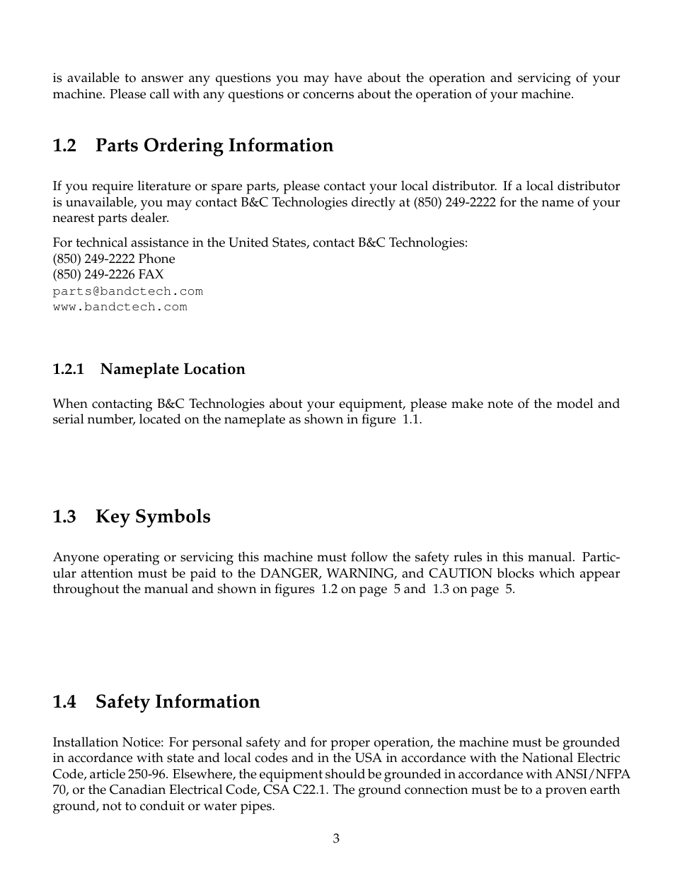 Parts ordering information, Nameplate location, Key symbols | Safety information, 2 parts ordering information, 3 key symbols, 4 safety information | B&C Technologies SP Series Commercial User Manual | Page 7 / 60