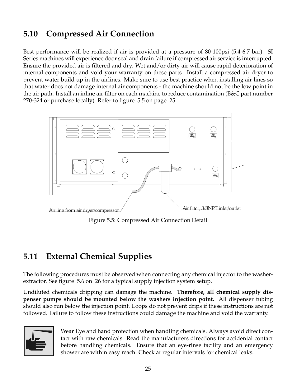 Compressed air connection, External chemical supplies, 10 compressed air connection | 11 external chemical supplies | B&C Technologies SI Series Industrial User Manual | Page 29 / 55