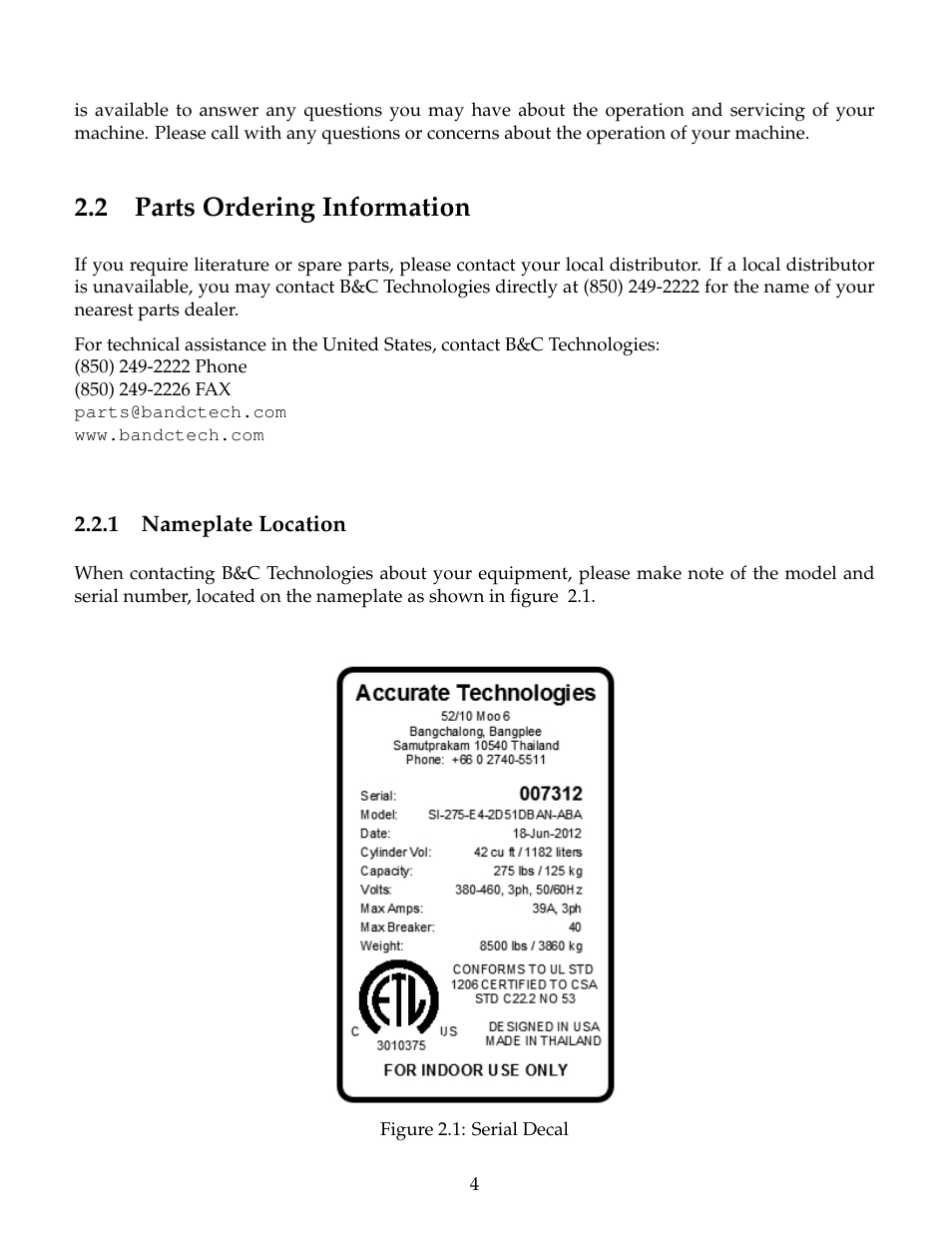 Parts ordering information, Nameplate location, 2 parts ordering information | B&C Technologies SI Series Industrial User Manual | Page 8 / 55