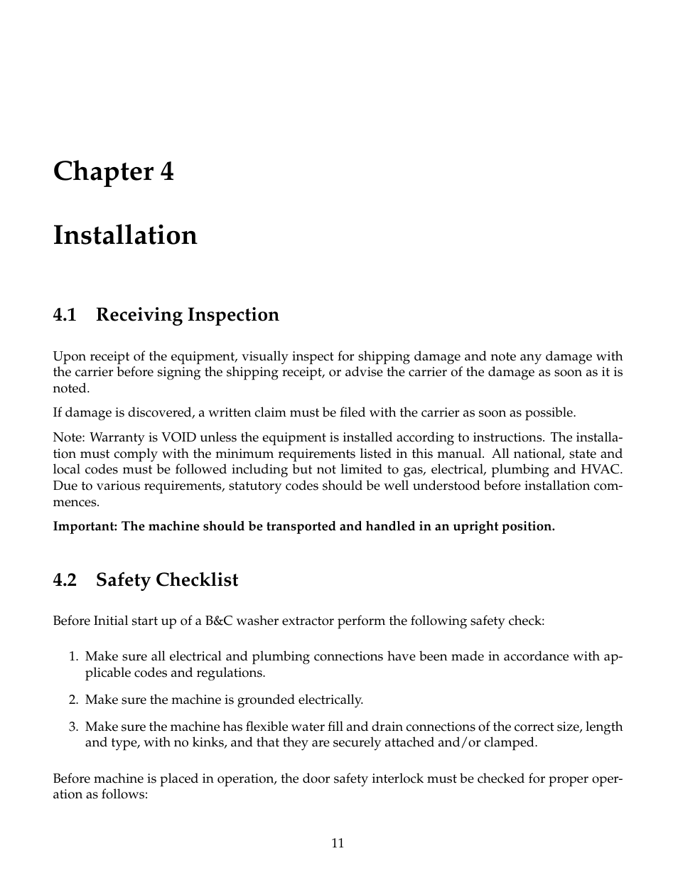 Installation, Receiving inspection, Safety checklist | Chapter 4 installation, 1 receiving inspection, 2 safety checklist | B&C Technologies HE Series Commercial User Manual | Page 15 / 49