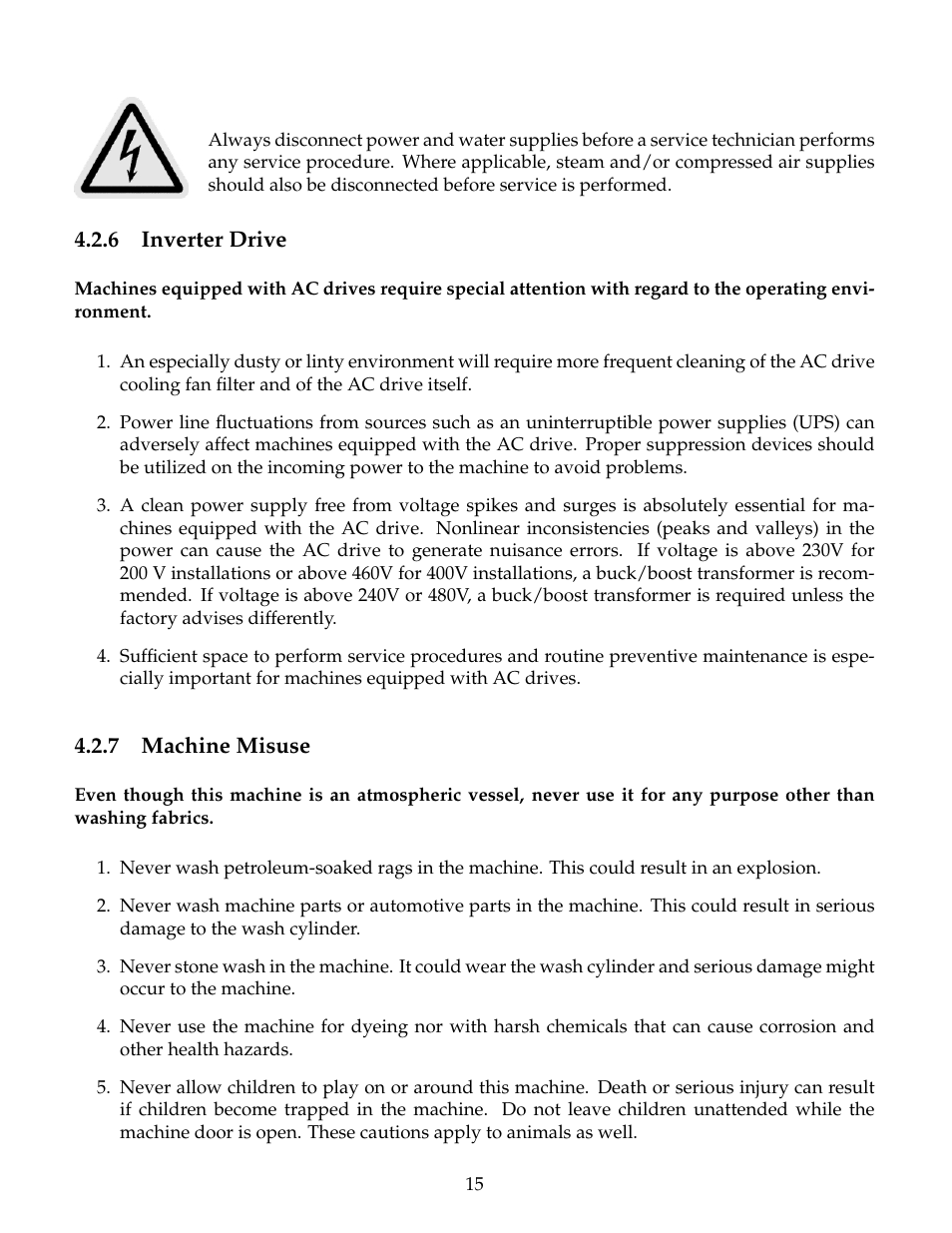 Inverter drive, Machine misuse | B&C Technologies HE Series Commercial User Manual | Page 19 / 49