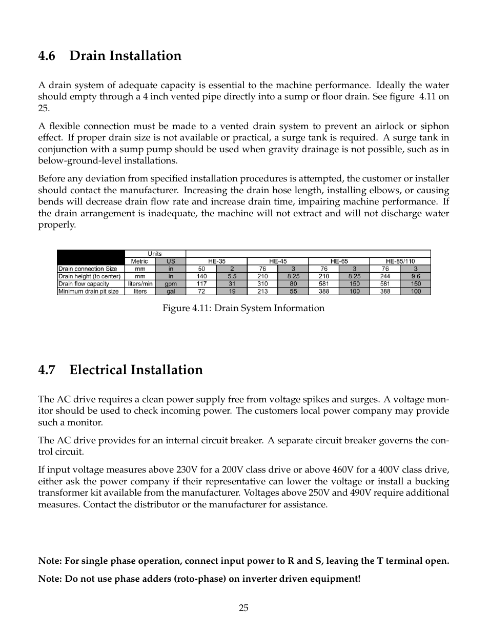 Drain installation, Electrical installation, 6 drain installation | 7 electrical installation | B&C Technologies HE Series Commercial User Manual | Page 29 / 49