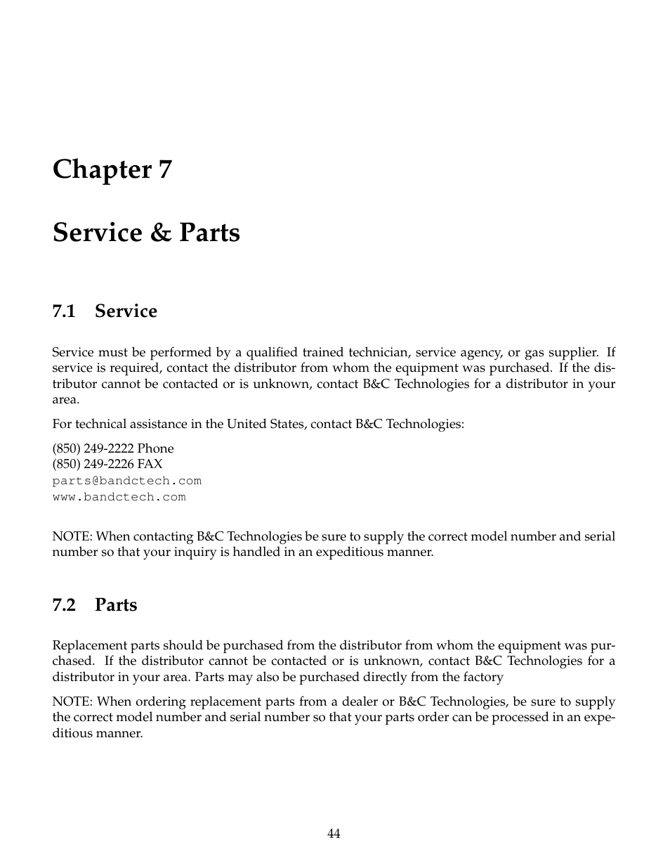 Service & parts, Service, Parts | Chapter 7 service & parts | B&C Technologies HE Series Commercial User Manual | Page 48 / 49