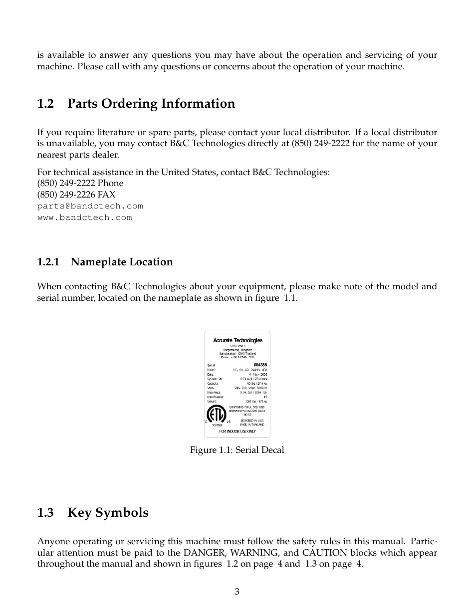 Parts ordering information, Nameplate location, Key symbols | 2 parts ordering information, 3 key symbols | B&C Technologies HE Series Commercial User Manual | Page 7 / 49