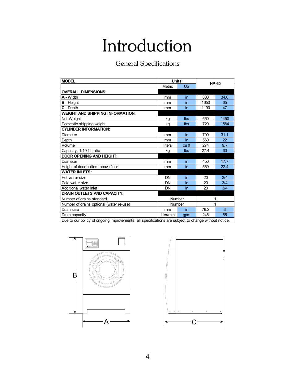 Introduction, General specifications c b a | B&C Technologies HP Series Commercial User Manual | Page 5 / 38
