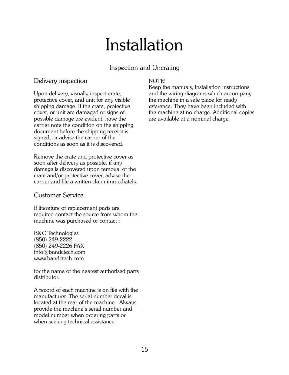 Installation | B&C Technologies HI Series Commercial User Manual | Page 15 / 39