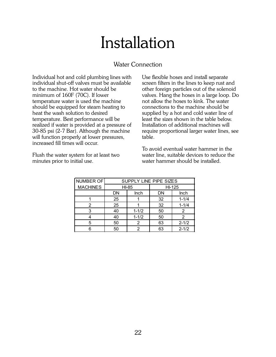 Installation, Water connection 22 | B&C Technologies HI Series Commercial User Manual | Page 22 / 39