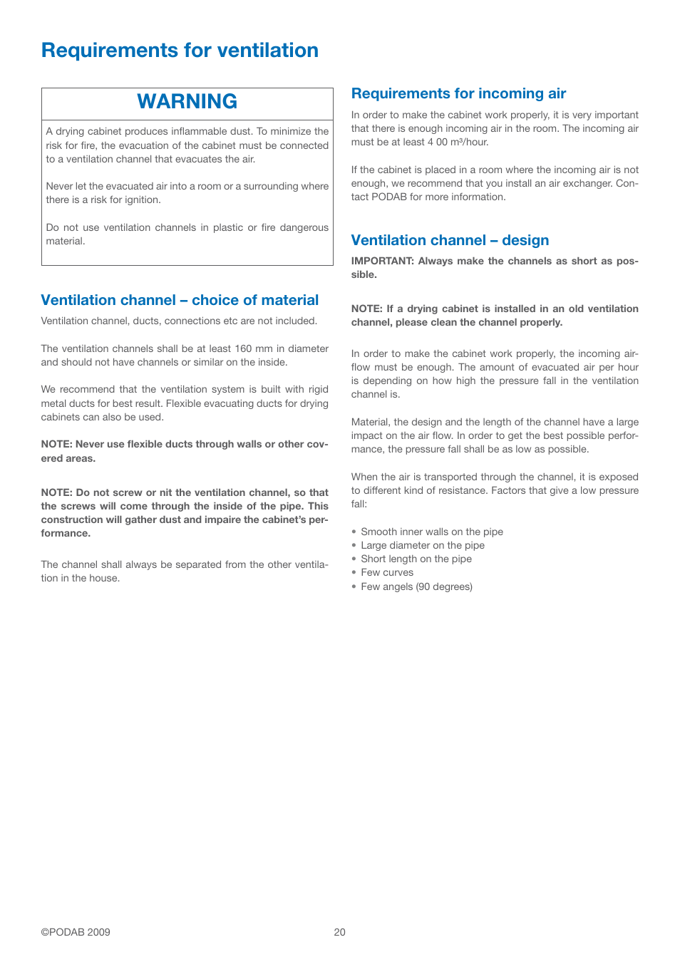 Requirements for ventilation warning, Ventilation channel – choice of material, Requirements for incoming air | Ventilation channel – design | B&C Technologies FC-18 Fire Cabinet User Manual | Page 20 / 24