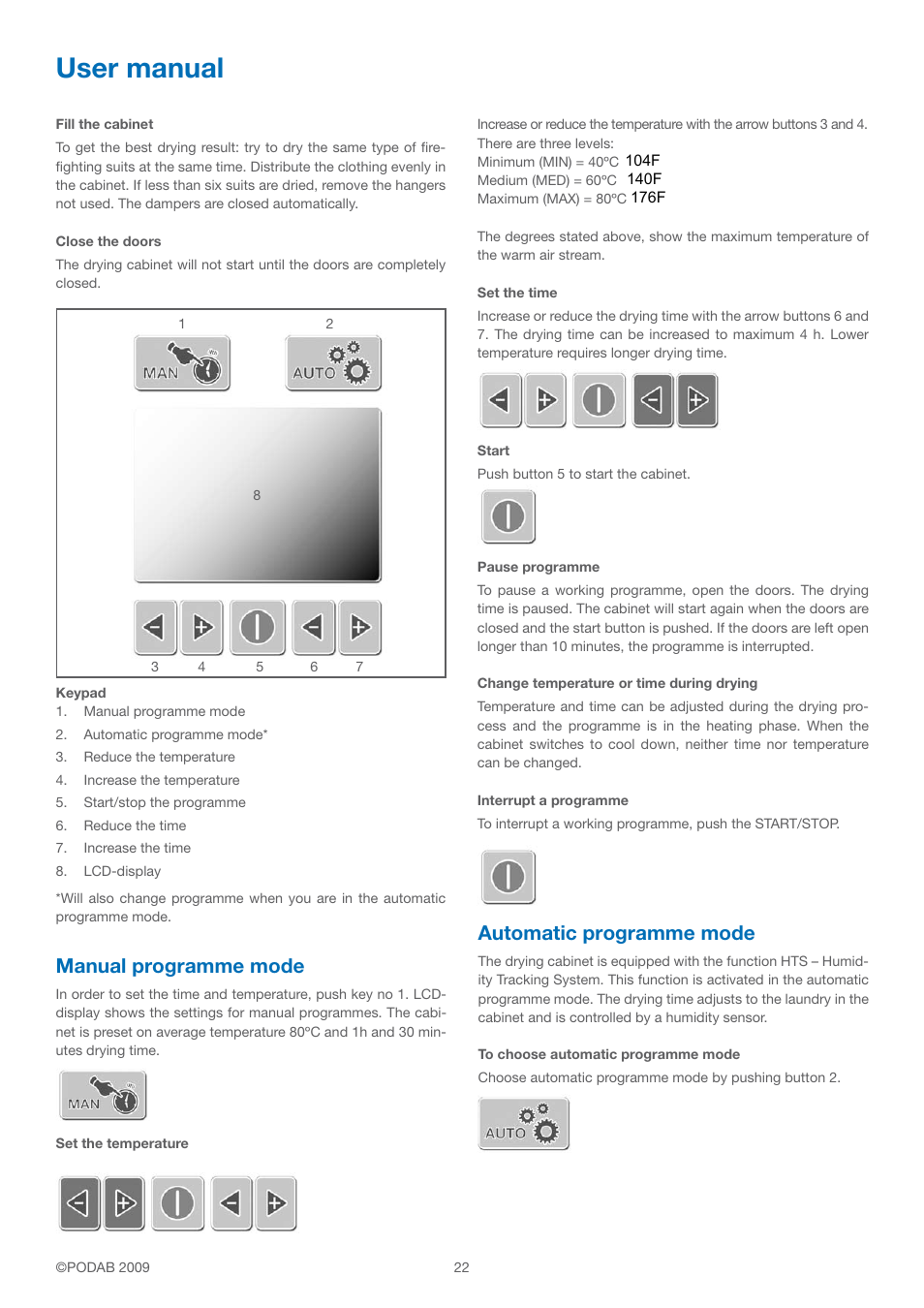 User manual, Manual programme mode, Automatic programme mode | B&C Technologies FC-18 Fire Cabinet User Manual | Page 22 / 24