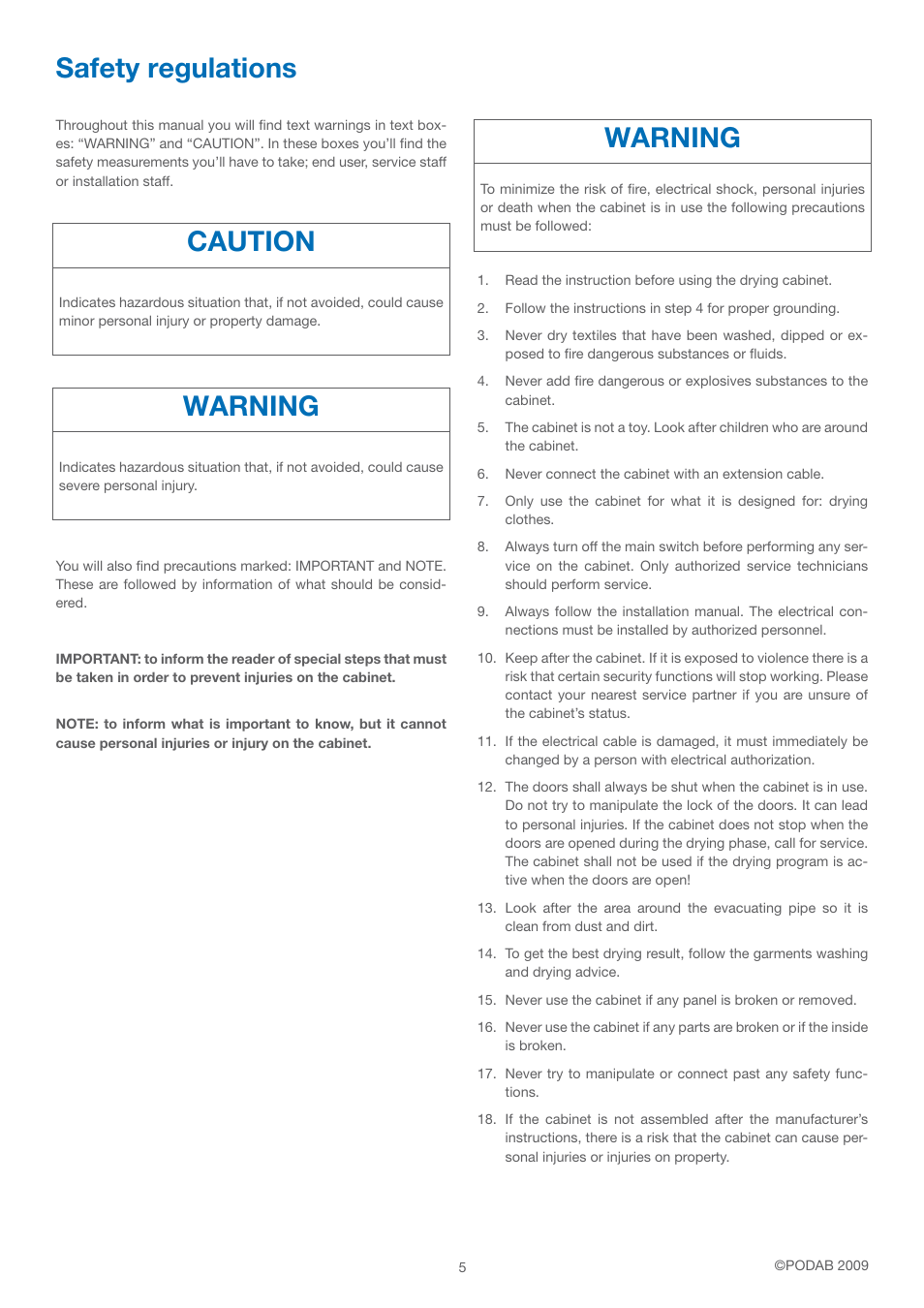 Safety regulations, Warning, Caution | B&C Technologies FC-18 Fire Cabinet User Manual | Page 5 / 24