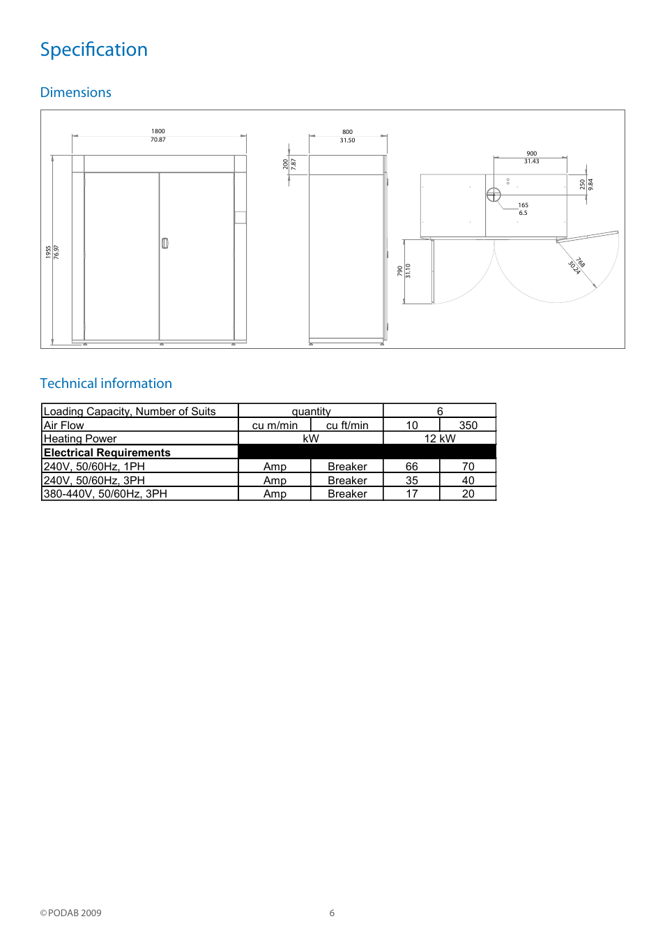 Speciﬁcation, Dimensions, Technical information | B&C Technologies FC-18 Fire Cabinet User Manual | Page 6 / 24