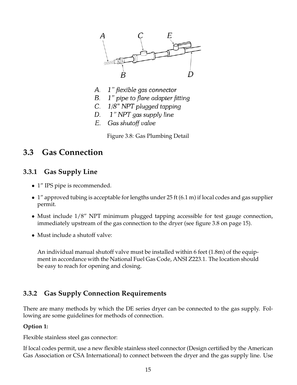 Gas connection, Gas supply line, Gas supply connection requirements | 3 gas connection | B&C Technologies DE Series Commercial User Manual | Page 18 / 45