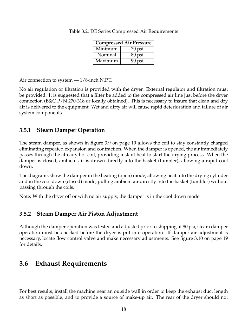 Steam damper operation, Steam damper air piston adjustment, Exhaust requirements | 6 exhaust requirements | B&C Technologies DE Series Commercial User Manual | Page 21 / 45