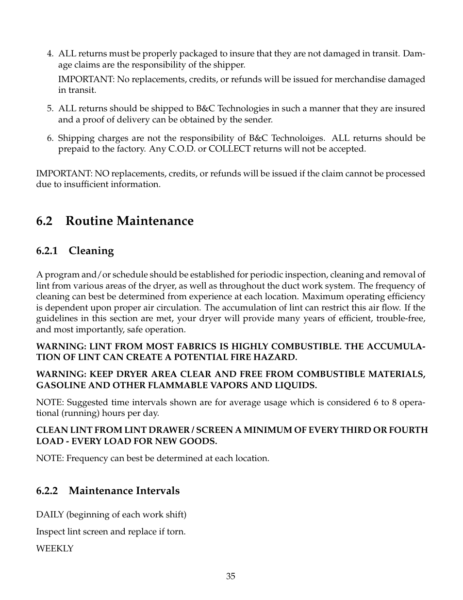 Routine maintenance, Cleaning, Maintenance intervals | 2 routine maintenance | B&C Technologies DE Series Commercial User Manual | Page 38 / 45