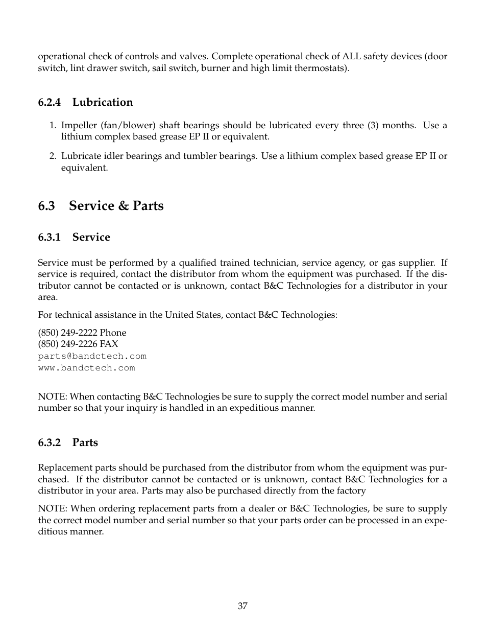 Lubrication, Service & parts, Service | Parts, 3 service & parts | B&C Technologies DE Series Commercial User Manual | Page 40 / 45