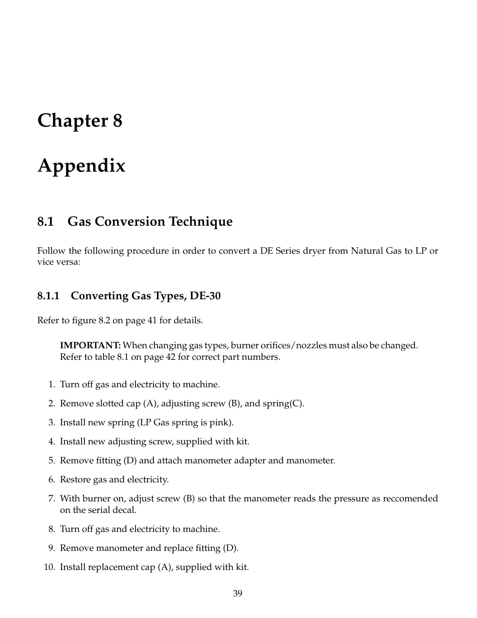 Appendix, Gas conversion technique, Converting gas types, de-30 | Chapter 8 appendix, 1 gas conversion technique | B&C Technologies DE Series Commercial User Manual | Page 42 / 45