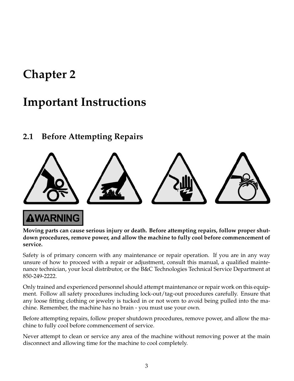 Important instructions, Before attempting repairs, Chapter 2 important instructions | B&C Technologies DE Series Commercial User Manual | Page 6 / 45