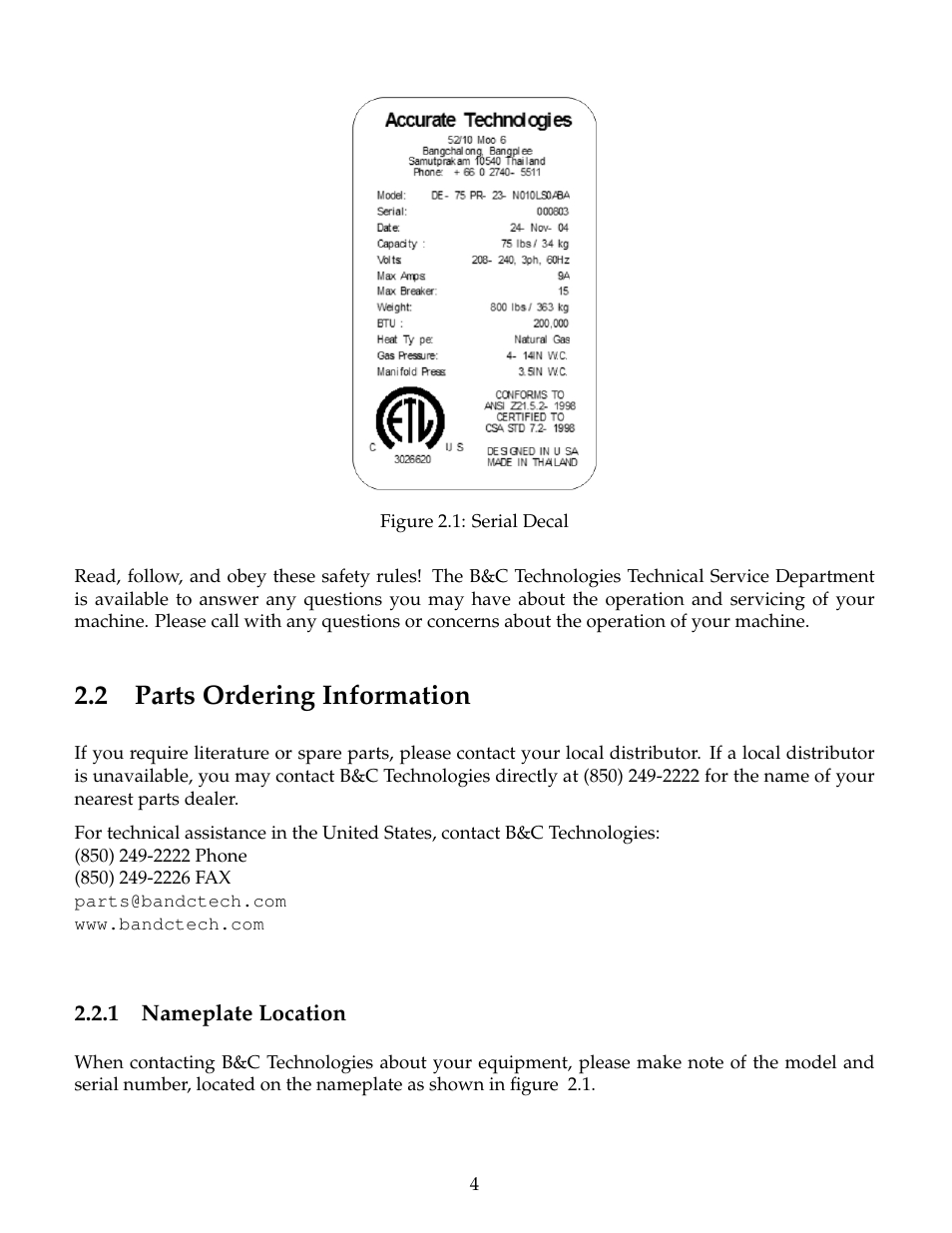 Parts ordering information, Nameplate location, 2 parts ordering information | B&C Technologies DE Series Commercial User Manual | Page 7 / 45