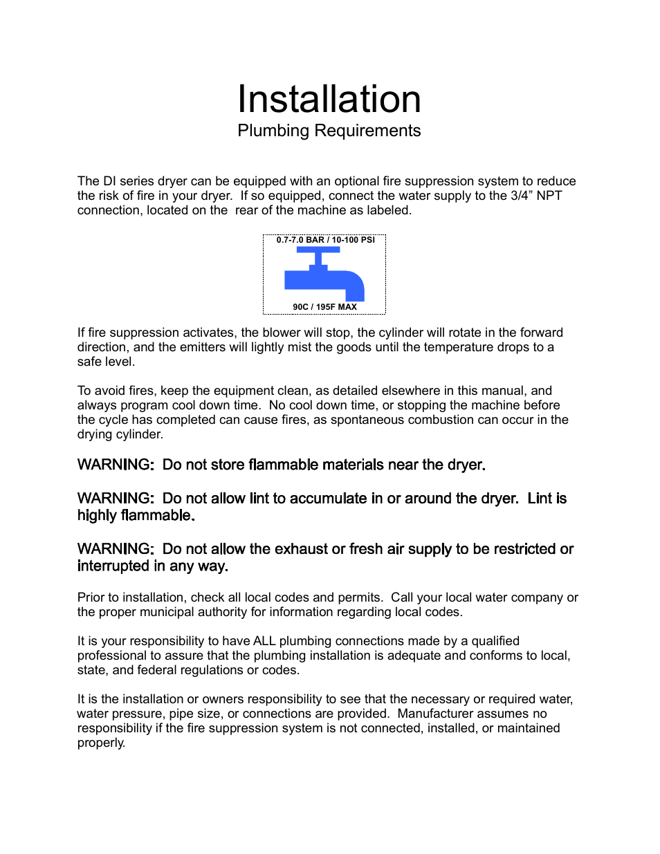 Installation, Plumbing requirements | B&C Technologies DI-225 Industrial User Manual | Page 16 / 60