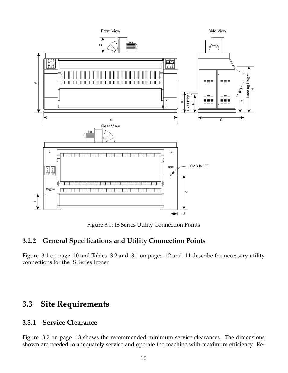 General specifications, Site requirements, Service clearance | 3 site requirements | B&C Technologies IS Series Commercial Ironer User Manual | Page 13 / 39