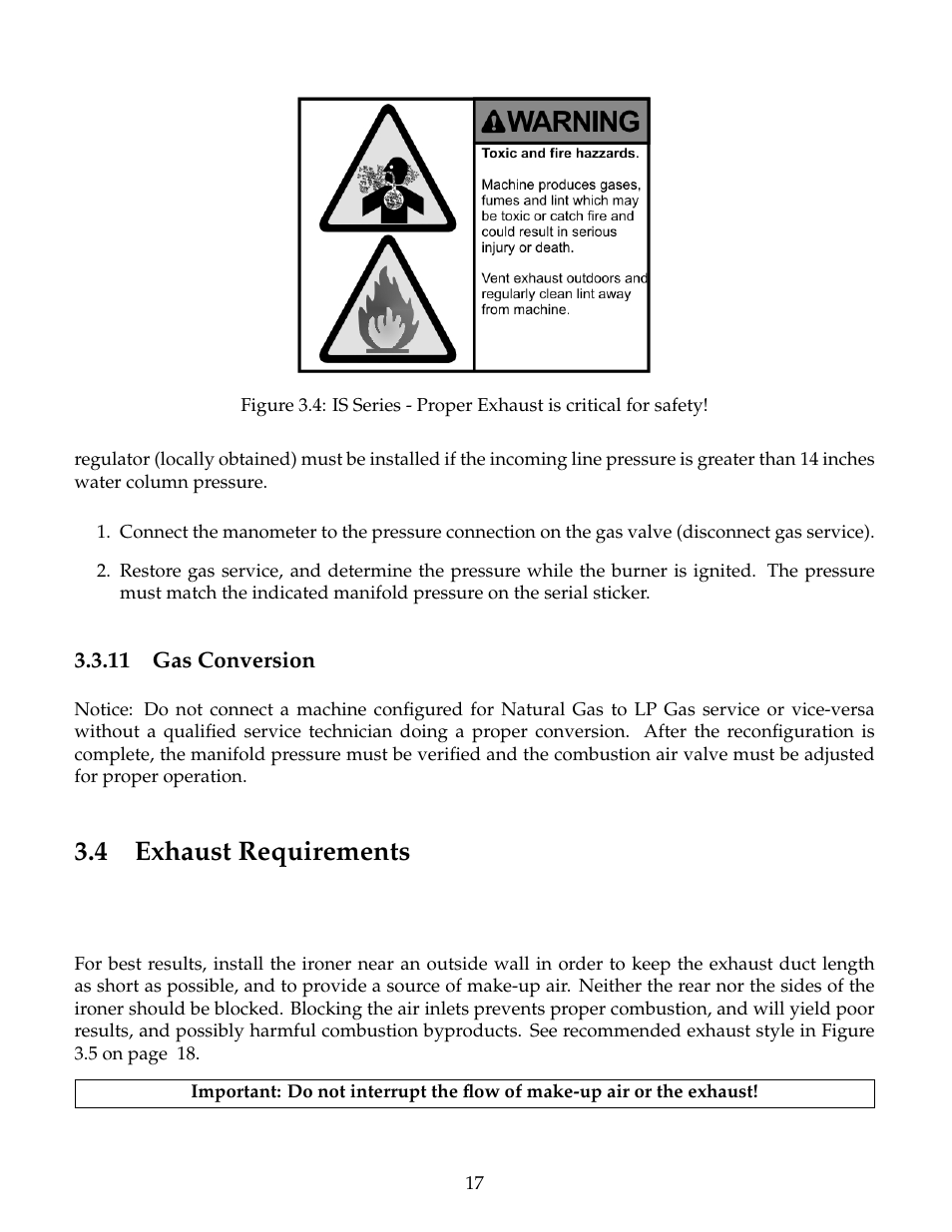 Gas conversion, Exhaust requirements, 11 gas conversion | 4 exhaust requirements | B&C Technologies IS Series Commercial Ironer User Manual | Page 20 / 39