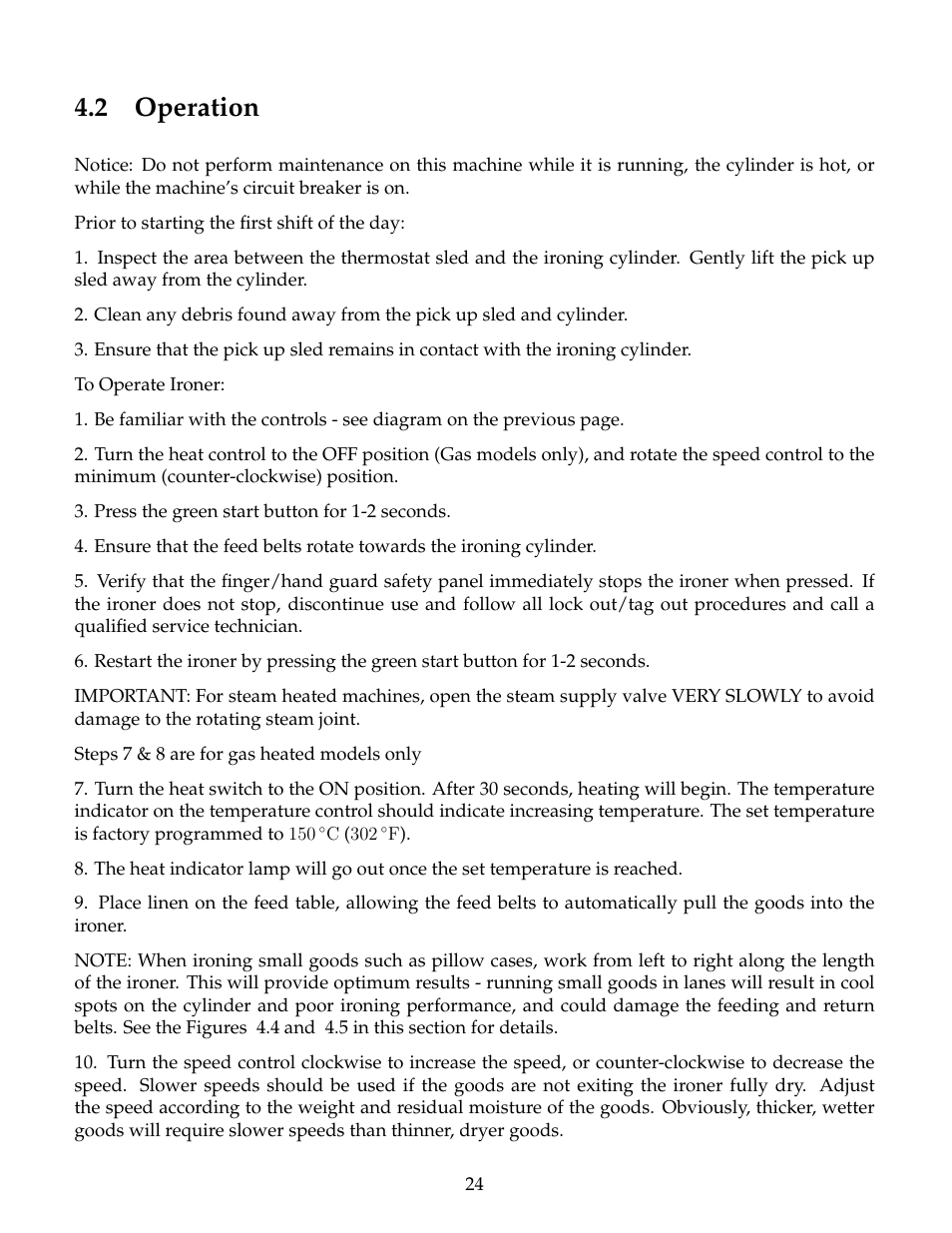 Operation, 2 operation | B&C Technologies IS Series Commercial Ironer User Manual | Page 27 / 39