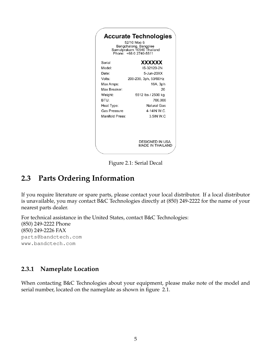 Parts ordering information, Nameplate location, 3 parts ordering information | B&C Technologies IS Series Commercial Ironer User Manual | Page 8 / 39