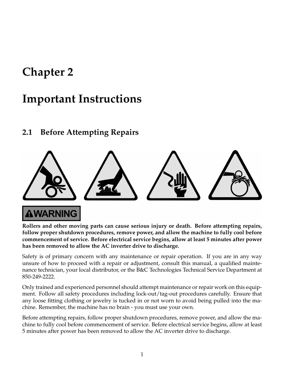 Important instructions, Before attempting repairs, Chapter 2 important instructions | B&C Technologies IM Series Industrial Ironer User Manual | Page 11 / 157