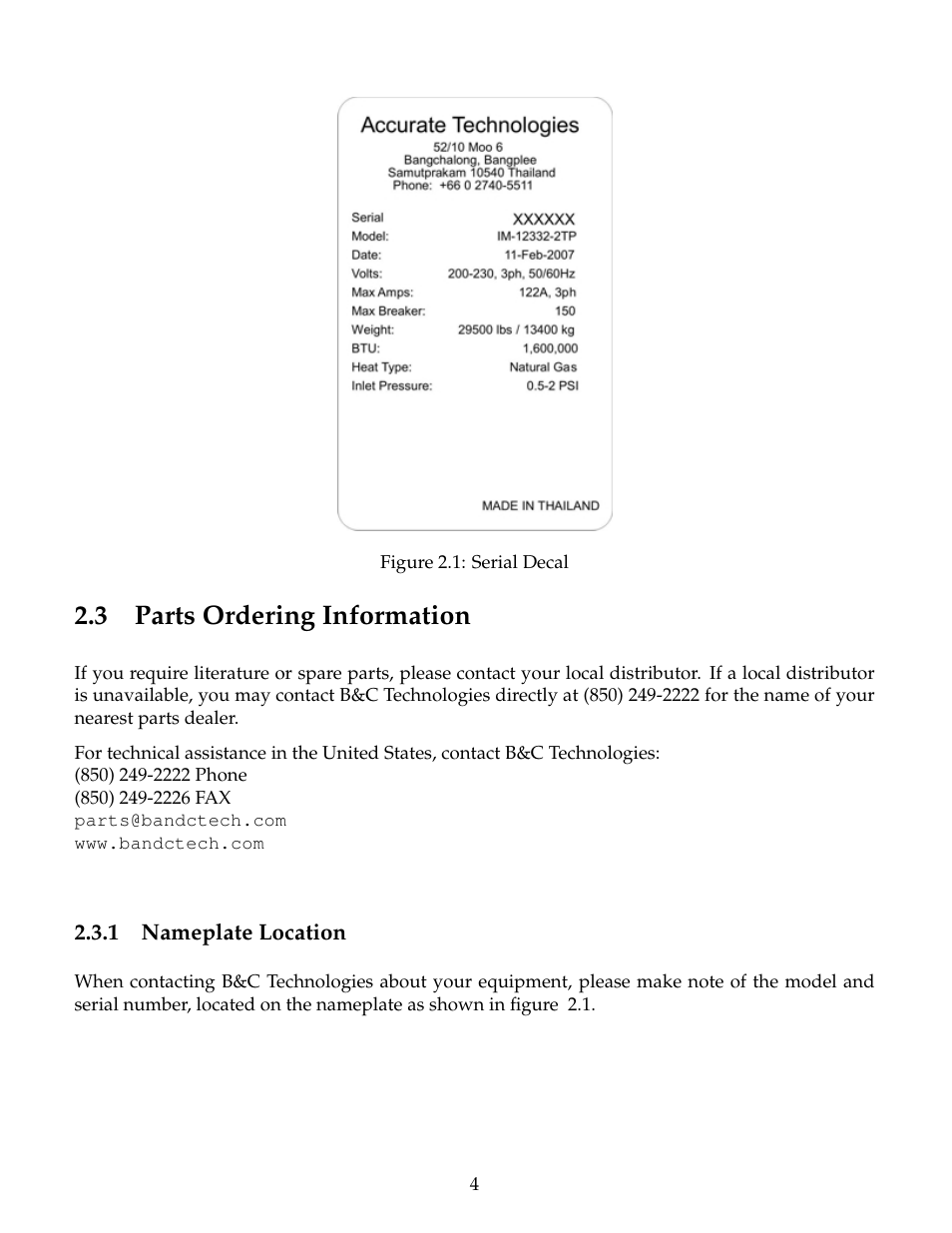 Parts ordering information, Nameplate location, 3 parts ordering information | B&C Technologies IM Series Industrial Ironer User Manual | Page 14 / 157