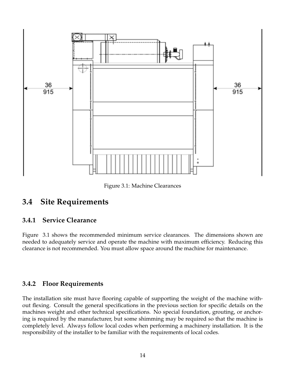 Site requirements, Service clearance, Floor requirements | 4 site requirements | B&C Technologies IM Series Industrial Ironer User Manual | Page 24 / 157