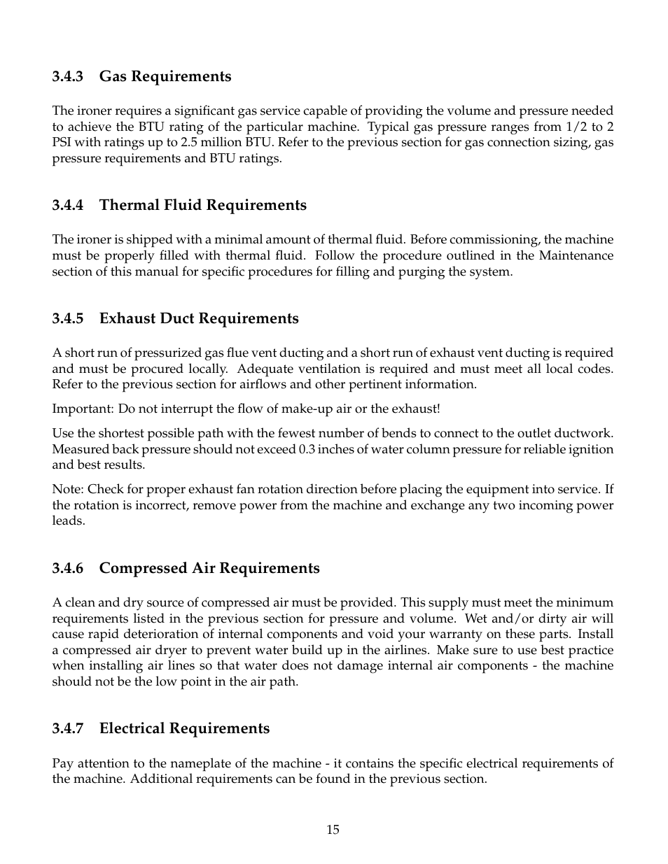Gas requirements, Thermal fluid requirements, Exhaust duct requirements | Compressed air requirements, Electrical requirements | B&C Technologies IM Series Industrial Ironer User Manual | Page 25 / 157